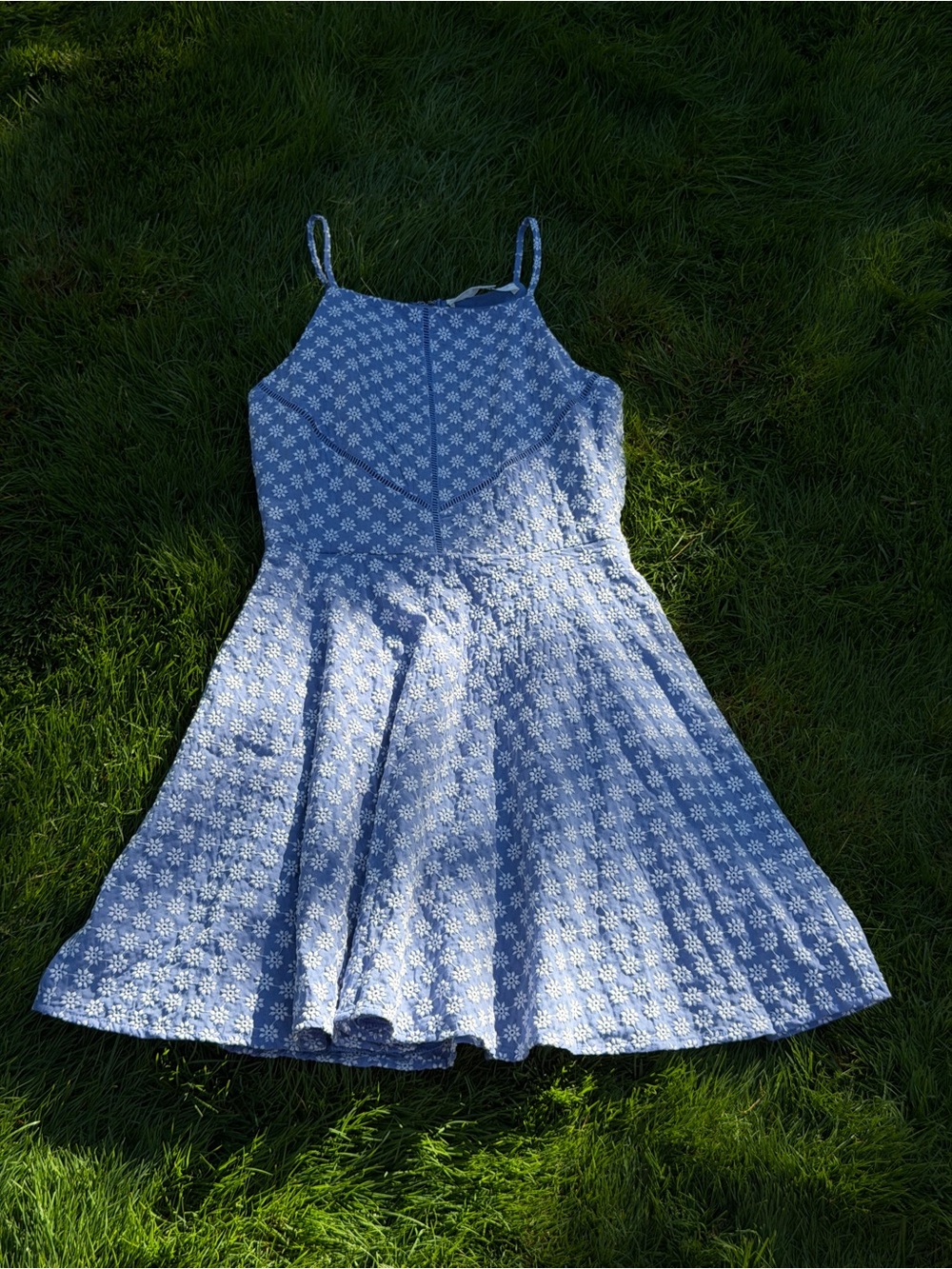 Blue Floral Embroidered Halter Dress